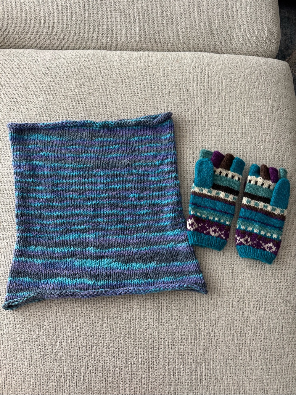 Hand-Knit Teal & Purple Cowl and Fingerless Gloves Set